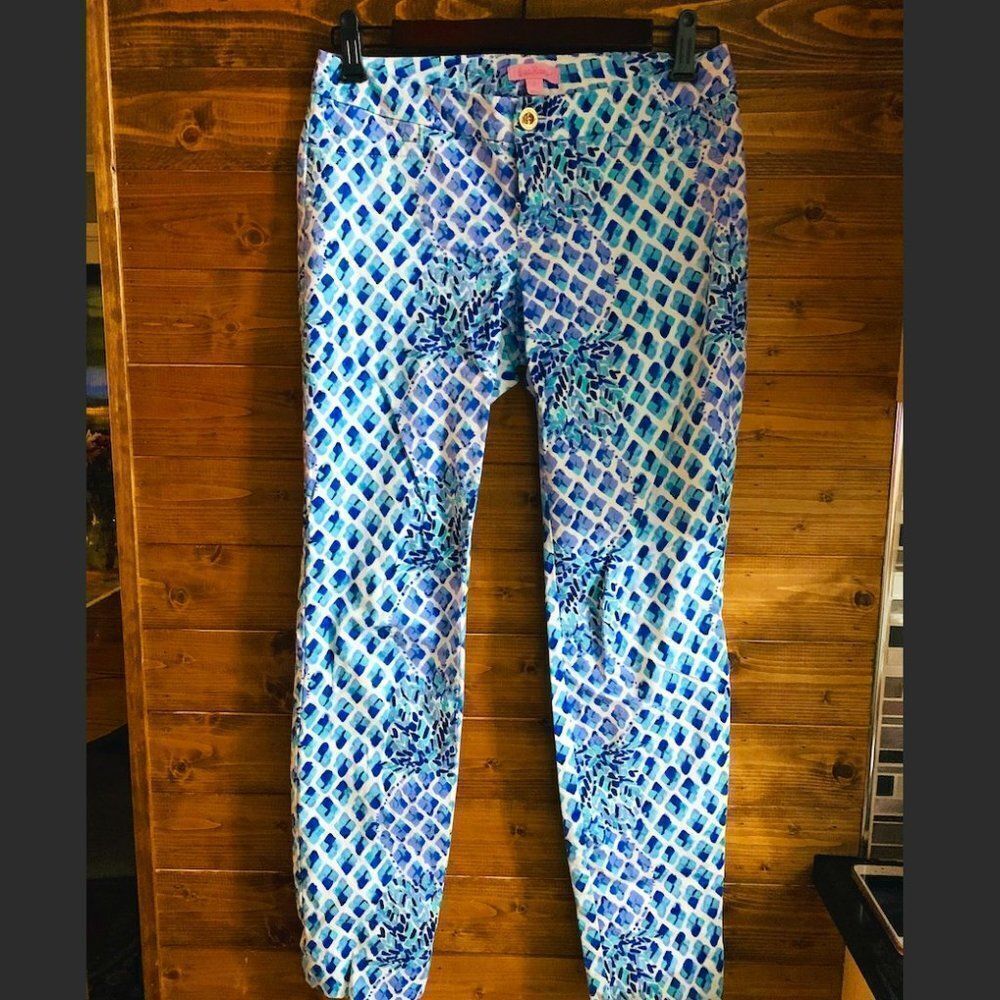 Lilly Pulitzer Kelly Skinny Ankle Pants Blue Resort White Toe In Pineapple Print